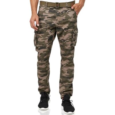 Indicode Homens William Cargo Pants Calças de algodão com 7 bolsos incluído cinto, Multicolor Indicode Homens William Cargo Pants Calças de algodão com 7 bolsos incluído cinto, Multicolor