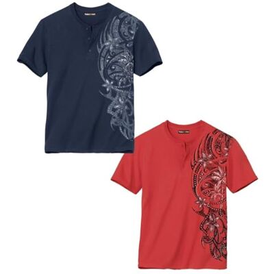 ATLAS FOR MEN Lote de 2 t-shirts para homem manga curta gola tunisiana disponível em tamanhos grandes de M a 5XL ATLAS FOR MEN Lote de 2 t-shirts para homem manga curta gola tunisiana disponível em tamanhos grandes de M a 5XL