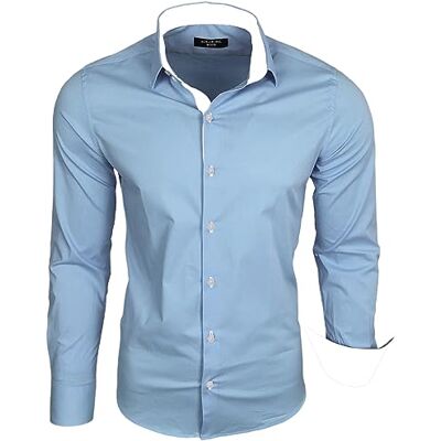 Subliminal Mode Camisa masculina de corte justo com gola e manga bicolor com um fácil engomar de manga comprida casual S500, Azul celeste, Pequeno Subliminal Mode Camisa masculina de corte justo com gola e manga bicolor com um fácil engomar de manga comprida casual S500, Azul celeste, Pequeno