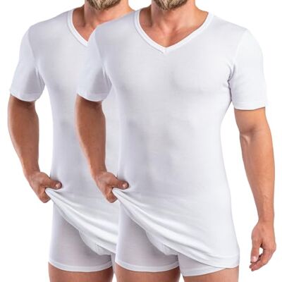 HERMKO 488710 Conjunto de 2 t-shirts de manga curta extra longas para homem, decote em V de 6 cm, com cintura, 100% algodão orgânico, Branco, 3XL HERMKO 488710 Conjunto de 2 t-shirts de manga curta extra longas para homem, decote em V de 6 cm, com cintura, 100% algodão orgânico, Branco, 3XL