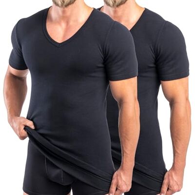 HERMKO 488710 Conjunto de 2 t-shirts de manga curta extra longas para homem, decote em V de 6 cm, com cintura, 100% algodão orgânico, Preto, XL HERMKO 488710 Conjunto de 2 t-shirts de manga curta extra longas para homem, decote em V de 6 cm, com cintura, 100% algodão orgânico, Preto, XL