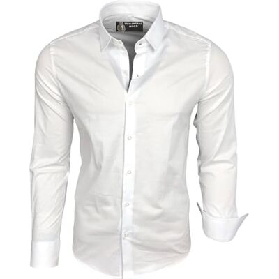 Subliminal Mode Camisa masculina de corte justo com gola e manga bicolor com um fácil engomar de manga comprida casual S500, Branco simples Subliminal Mode Camisa masculina de corte justo com gola e manga bicolor com um fácil engomar de manga comprida casual S500, Branco simples