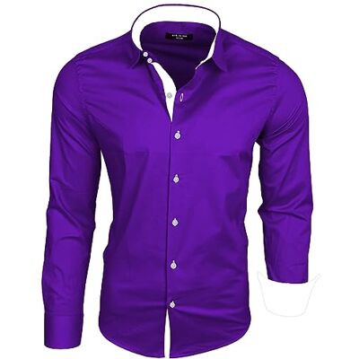 Subliminal Mode Camisa masculina de corte justo com gola e manga bicolor com um fácil engomar de manga comprida casual S500, Roxo Subliminal Mode Camisa masculina de corte justo com gola e manga bicolor com um fácil engomar de manga comprida casual S500, Roxo
