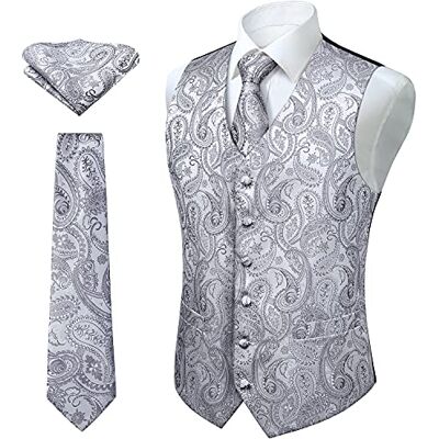 Enlision Colete e gravata floral jacquard paisley para homem e fato de colete quadrado, cinzento, M Enlision Colete e gravata floral jacquard paisley para homem e fato de colete quadrado, cinzento, M