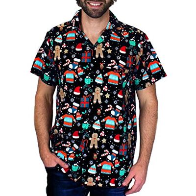 King Kameha Camisa Havaiana Funky, Natal, Manga Curta, Bolacha de Gengibre, Preto, M King Kameha Camisa Havaiana Funky, Natal, Manga Curta, Bolacha de Gengibre, Preto, M
