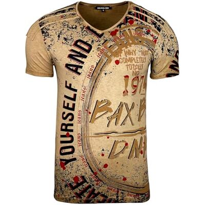 Subliminal Mode Subliminal moda t-shirt homem deslavada vintage decote V BX109, Bege, Médio Subliminal Mode Subliminal moda t-shirt homem deslavada vintage decote V BX109, Bege, Médio