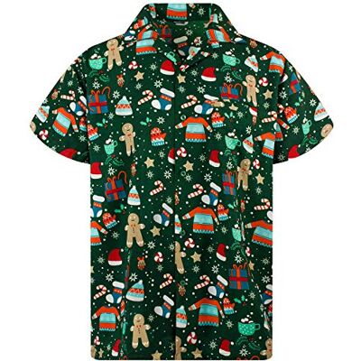 King Kameha Funky camisa havaiana Natal homem manga curta elegante X-Mas Pai Natal boneco de neve unissexo, Ginger-bread-design-verde, M King Kameha Funky camisa havaiana Natal homem manga curta elegante X-Mas Pai Natal boneco de neve unissexo, Ginger-bread-design-verde, M