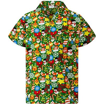 King Kameha Funky camisa havaiana Natal homem manga curta elegante X-Mas Pai Natal boneco de neve unissexo, Christmas-allover-design-verde, M King Kameha Funky camisa havaiana Natal homem manga curta elegante X-Mas Pai Natal boneco de neve unissexo, Christmas-allover-design-verde, M