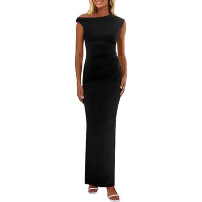 Hanaoops Vestido comprido mulher sexy sem mangas maxi vestidos elegante vestido com abertura verão casual cintura alta bodycon vestidos franzido de festa cocktail convidada casamento Hanaoops Vestido comprido mulher sexy sem mangas maxi vestidos elegante vestido com abertura verão casual cintura alta bodycon vestidos franzido de festa cocktail convidada casamento