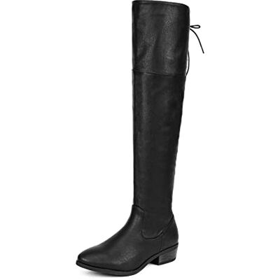 DREAM PAIRS Botas de inverno para mulher de cano extra longo com sola plana baixa com fecho de correr e cordões para ajustar, Preto Pu, 40,5 UE DREAM PAIRS Botas de inverno para mulher de cano extra longo com sola plana baixa com fecho de correr e cordões para ajustar, Preto Pu, 40,5 UE