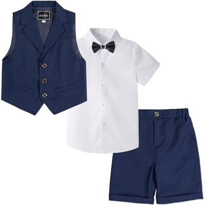 LOLANTA 4 peças fato curto de casamento para crianças, conjunto de roupa de cerimónia, camisa calças colete gravata-borboleta, 2-13 anos, Azul escuro LOLANTA 4 peças fato curto de casamento para crianças, conjunto de roupa de cerimónia, camisa calças colete gravata-borboleta, 2-13 anos, Azul escuro