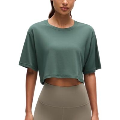 CRZ YOGA T-shirt Esportiva Feminina de Manga Curta com Alças, Grafite verde CRZ YOGA T-shirt Esportiva Feminina de Manga Curta com Alças, Grafite verde