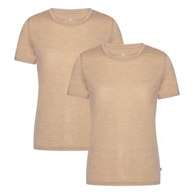 DANISH ENDURANCE T-shirt feminina 100% lã merino, macia e respirável, pack de 2 roupa feminina, t-shirts de manga curta, Areia DANISH ENDURANCE T-shirt feminina 100% lã merino, macia e respirável, pack de 2 roupa feminina, t-shirts de manga curta, Areia