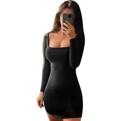 QKEPCY Vestidos curtos de manga comprida para mulher vestidos de festa de mulher elegantes mini vestido de decote em U vestido curto fino elástico com corte baixo Dress Slim Fit para clube bar noite QKEPCY Vestidos curtos de manga comprida para mulher vestidos de festa de mulher elegantes mini vestido de decote em U vestido curto fino elástico com corte baixo Dress Slim Fit para clube bar noite
