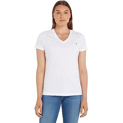 Tommy Hilfiger Camiseta de Manga Curta Mulher Heritage com Gola em V, Branco (Classic White), L Tommy Hilfiger Camiseta de Manga Curta Mulher Heritage com Gola em V, Branco (Classic White), L