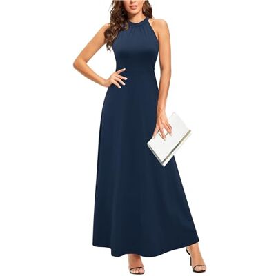 STYLEWORD Vestido comprido com ombros descobertos e sem mangas com estampado floral para mulher Vestido comprido elegante com decote halter, marinha, XL STYLEWORD Vestido comprido com ombros descobertos e sem mangas com estampado floral para mulher Vestido comprido elegante com decote halter, marinha, XL