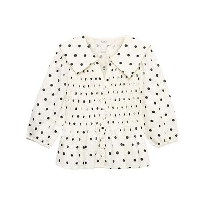 Marks & Spencer Blusa franzida de bolinhas rica em linho para mulher, ajustada, baixo peplum, manga curta Marks & Spencer Blusa franzida de bolinhas rica em linho para mulher, ajustada, baixo peplum, manga curta