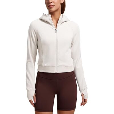 CRZ YOGA Womens Cropped Hoodie Full Zip Jacket Athletic casual camisolas de manga comprida com orifícios para os polegares branca leitosa 44 CRZ YOGA Womens Cropped Hoodie Full Zip Jacket Athletic casual camisolas de manga comprida com orifícios para os polegares branca leitosa 44