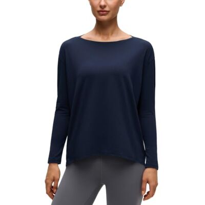 CRZ YOGA Mulher Top Loose Fit Roupa Desportiva T-shirt De Manga Comprida com Gola em V, Azul Marinho CRZ YOGA Mulher Top Loose Fit Roupa Desportiva T-shirt De Manga Comprida com Gola em V, Azul Marinho