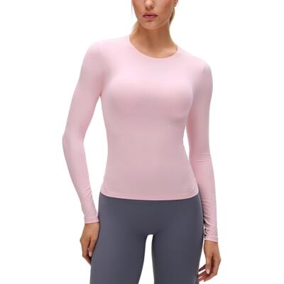 CRZ YOGA Softembrace Camisas de manga comprida para mulher decote redondo blusas básicas de outono, Rosa morango CRZ YOGA Softembrace Camisas de manga comprida para mulher decote redondo blusas básicas de outono, Rosa morango