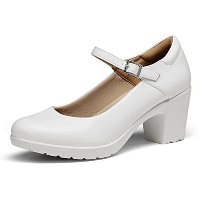DREAM PAIRS Sapatos de salto alto clássicos para mulher, sapatos com salto largo, sapatos de salão PU, Branco DREAM PAIRS Sapatos de salto alto clássicos para mulher, sapatos com salto largo, sapatos de salão PU, Branco