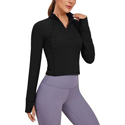 CRZ YOGA Mulheres Butterluxe Camisolas de Manga Comprida com Meio Fecho Pull-Over Atlético Tops Cortados, Preto CRZ YOGA Mulheres Butterluxe Camisolas de Manga Comprida com Meio Fecho Pull-Over Atlético Tops Cortados, Preto