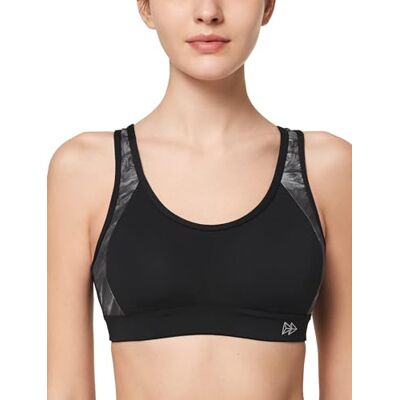 Yvette Sutiã desportivo para mulher com suporte forte, tamanho grande, cruzado nas costas, acolchoado, para corrida, fitness e ioga, Preto / Prateado Yvette Sutiã desportivo para mulher com suporte forte, tamanho grande, cruzado nas costas, acolchoado, para corrida, fitness e ioga, Preto / Prateado