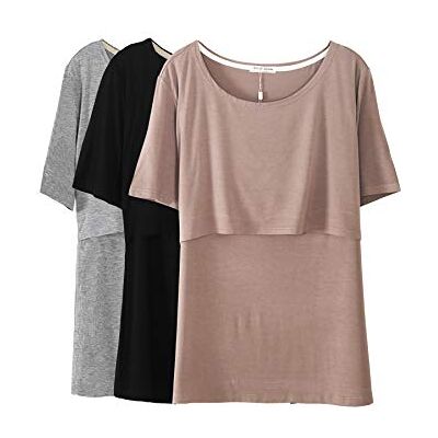 Smallshow Mulher enfermagem tops de manga curta em camadas de design camisas de amamentação, castanho/preto/cinzento, M Smallshow Mulher enfermagem tops de manga curta em camadas de design camisas de amamentação, castanho/preto/cinzento, M