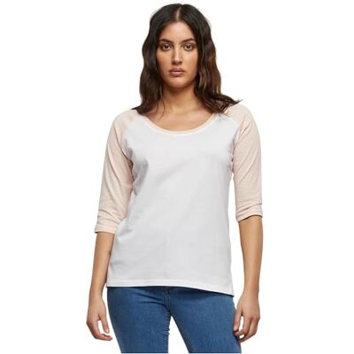 Urban Classics T-shirt moderna de mulher Raglan de mangas de três quartos, algodão, decote de corte largo, em várias cores e tamanhos XS 5XL, Branco/rosa, XS Urban Classics T-shirt moderna de mulher Raglan de mangas de três quartos, algodão, decote de corte largo, em várias cores e tamanhos XS 5XL, Branco/rosa, XS