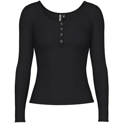 PIECES Pckitte LS Top Noos BC Camisa de manga comprida para mulher, embalagem de 1, Preto (preto preto) PIECES Pckitte LS Top Noos BC Camisa de manga comprida para mulher, embalagem de 1, Preto (preto preto)
