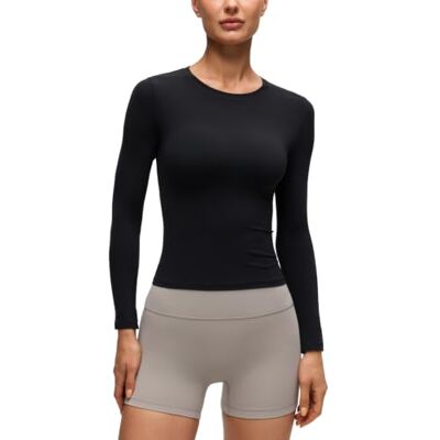 CRZ YOGA Softembrace Camisas de manga comprida para mulher decote redondo blusas básicas de outono, Preto CRZ YOGA Softembrace Camisas de manga comprida para mulher decote redondo blusas básicas de outono, Preto