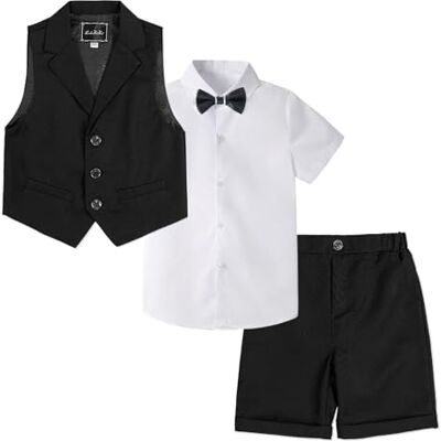 LOLANTA 4 peças fato curto de casamento para crianças, conjunto de roupa de cerimónia, camisa calças colete gravata-borboleta, 2-13 anos, Preto LOLANTA 4 peças fato curto de casamento para crianças, conjunto de roupa de cerimónia, camisa calças colete gravata-borboleta, 2-13 anos, Preto
