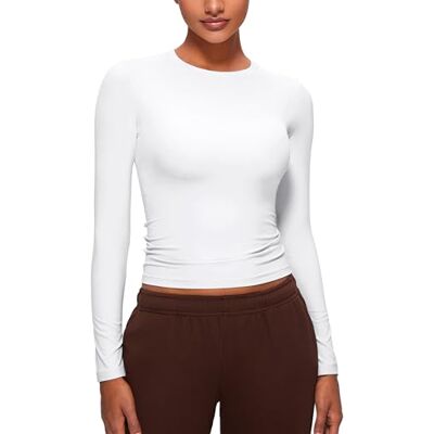 CRZ YOGA Softembrace Camisas de manga comprida para mulher decote redondo blusas básicas de outono, Branco CRZ YOGA Softembrace Camisas de manga comprida para mulher decote redondo blusas básicas de outono, Branco