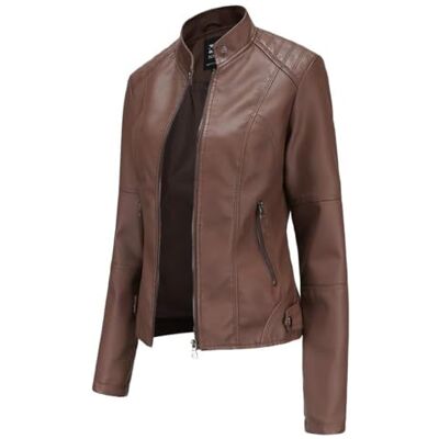 Hiser Hiseng Casaco de couro sintético para mulher, PU casaco de couro mulher, com bolsos com fecho de correr, cor café moda curta caçadora, outono, primavera Hiser Hiseng Casaco de couro sintético para mulher, PU casaco de couro mulher, com bolsos com fecho de correr, cor café moda curta caçadora, outono, primavera