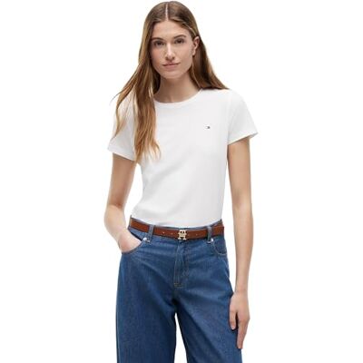 Tommy Hilfiger T-shirt de manga curta para mulher Heritage com decote redondo, branco (clássico branco), XXS Tommy Hilfiger T-shirt de manga curta para mulher Heritage com decote redondo, branco (clássico branco), XXS