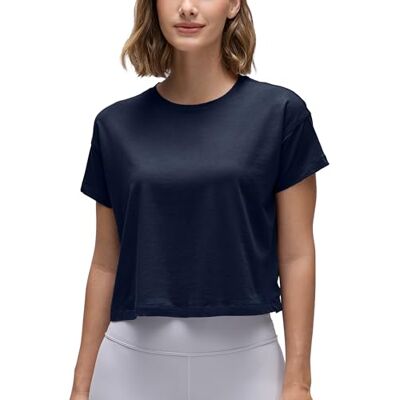 CRZ YOGA Mulheres algodão Pima exercício camisas manga curta solta cultivo tops atlético ginástica camisa, Azul Marinho CRZ YOGA Mulheres algodão Pima exercício camisas manga curta solta cultivo tops atlético ginástica camisa, Azul Marinho
