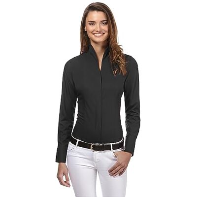 Vincenzo Boretti Camisa de mulher, corte ligeiramente mais estreito, 100% algodão, manga comprida, gola cálice, liso, fácil de passar roupa, elegante e clássica, preto e azul marinho: Vincenzo Boretti Camisa de mulher, corte ligeiramente mais estreito, 100% algodão, manga comprida, gola cálice, liso, fácil de passar roupa, elegante e clássica, preto e azul marinho:
