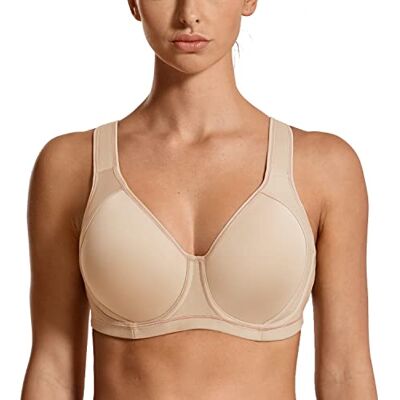 SYROKAN Sutiã desportivo X-Back alto impacto tamanhos grandes confortável para mulher, Bege A262, 90E SYROKAN Sutiã desportivo X-Back alto impacto tamanhos grandes confortável para mulher, Bege A262, 90E