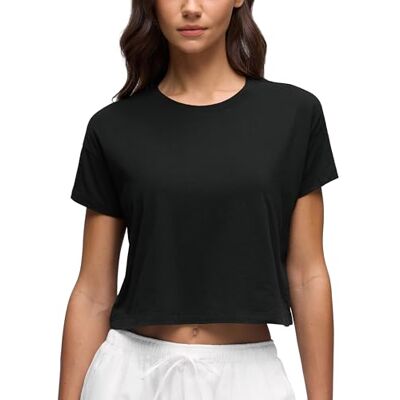 CRZ YOGA Das Mulheres algodão Pima exercício camisas manga curta solta cultivo tops atlético ginástica camisa, Preto CRZ YOGA Das Mulheres algodão Pima exercício camisas manga curta solta cultivo tops atlético ginástica camisa, Preto