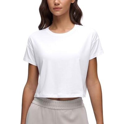 CRZ YOGA Mulheres algodão premium exercício camisas manga curta solta cultivo tops atlético ginástica camisa, Branco CRZ YOGA Mulheres algodão premium exercício camisas manga curta solta cultivo tops atlético ginástica camisa, Branco