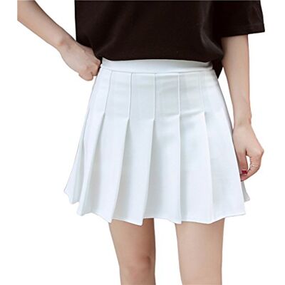 Hoerev Mulher cintura alta saia plissada A-Line uniforme escolar saia curta, Branco Hoerev Mulher cintura alta saia plissada A-Line uniforme escolar saia curta, Branco