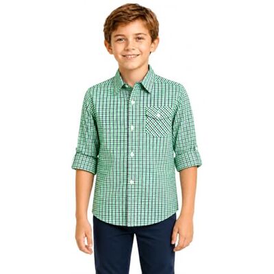 Bienzoe Camisa Infantil Botão: Camisa Infantil Xadrez Manga Rolada Casual em Algodão, Verde Bienzoe Camisa Infantil Botão: Camisa Infantil Xadrez Manga Rolada Casual em Algodão, Verde
