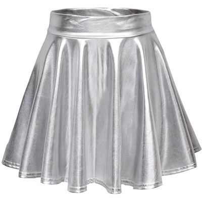 EXCHIC Mulheres Cosplay Metálica Líquida Brilhante Mini Saia Acampanada, Prata, S EXCHIC Mulheres Cosplay Metálica Líquida Brilhante Mini Saia Acampanada, Prata, S
