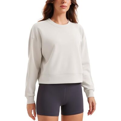CRZ YOGA Womens Crewneck camisola manga comprida workout casual pullover tops camisolas básicas outono, Branca leitosa CRZ YOGA Womens Crewneck camisola manga comprida workout casual pullover tops camisolas básicas outono, Branca leitosa