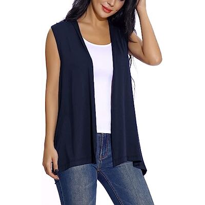 EXCHIC Casaco leve sem mangas para mulher, colete de túnica frontal aberta, Azul Marinho, L EXCHIC Casaco leve sem mangas para mulher, colete de túnica frontal aberta, Azul Marinho, L