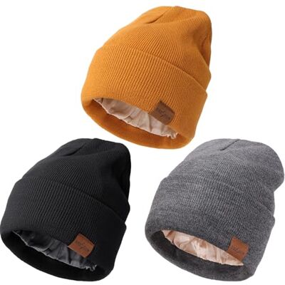 DRESHOW Gorro de inverno com forro de cetim para mulheres e homens unissexo gorros macio elástico de malha de seda chapéus de neve sólido crânio com forro de seda, 3 Pcs cetim Lined Hats: cinza escuro DRESHOW Gorro de inverno com forro de cetim para mulheres e homens unissexo gorros macio elástico de malha de seda chapéus de neve sólido crânio com forro de seda, 3 Pcs cetim Lined Hats: cinza escuro