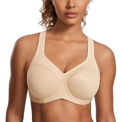 SYROKAN Sutiã desportivo de alto impacto com aros e forro leve para mulher bege 95D SYROKAN Sutiã desportivo de alto impacto com aros e forro leve para mulher bege 95D