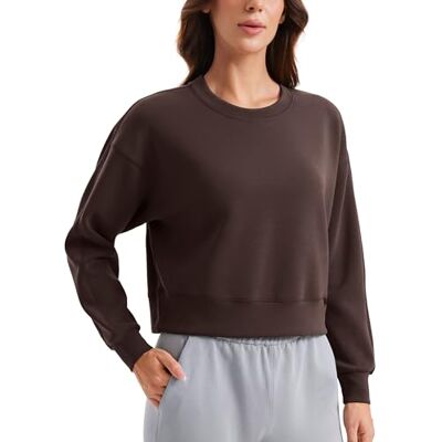 CRZ YOGA Womens Crewneck camisola manga comprida workout casual pullover tops camisolas básicas outono, Castanho Fudge quente CRZ YOGA Womens Crewneck camisola manga comprida workout casual pullover tops camisolas básicas outono, Castanho Fudge quente