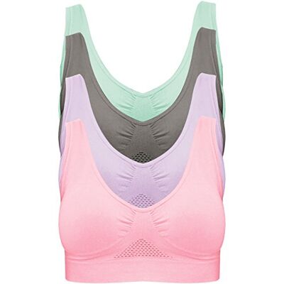 Pretty Seamless Sutiã sem aros: Sutiã desportivo sem costura em embalagem de 4 unidades, material sem acolchoado de 96% nylon e 4% elastano, largura de alças agradável e ajuste confortável, rosa, cinzento e roxo. GG Pretty Seamless Sutiã sem aros: Sutiã desportivo sem costura em embalagem de 4 unidades, material sem acolchoado de 96% nylon e 4% elastano, largura de alças agradável e ajuste confortável, rosa, cinzento e roxo. GG
