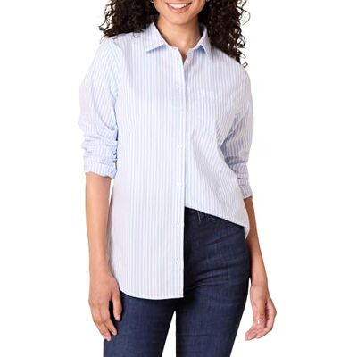 Amazon Essentials Camisa de popelina abotoada de manga comprida e corte padrão mulher, azul francês branco riscas, XS Amazon Essentials Camisa de popelina abotoada de manga comprida e corte padrão mulher, azul francês branco riscas, XS
